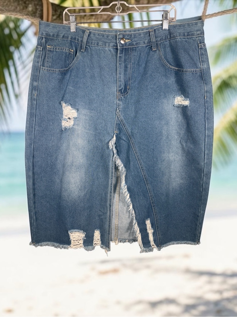 SHEIN Distressed Blue Denim Maxi Skirt